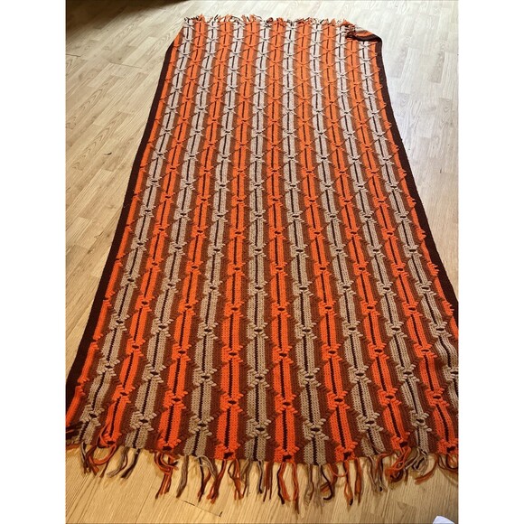 Huge Vintage Diamond Pattern Handmade Afghan Crochet Blanket 90x45  Orange/Brown - Picture 5 of 6